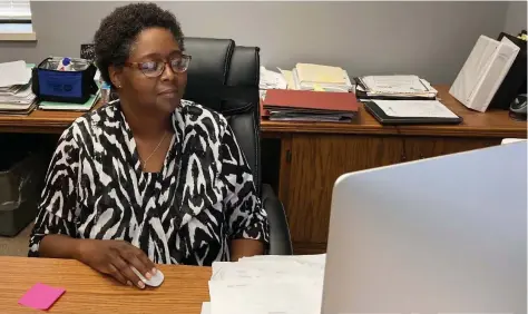  ?? (Pine Bluff Commercial/Byron Tate) ?? Patrecia Hargrove, shown in her office at the Southeast Arkansas Economic Developmen­t District, came to the district office in 2002 in the workforce department. In 2018, she was named interim executive director, and in 2019 she was made permanent executive director.