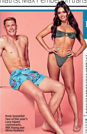  ?? Picture: ITV/VINCENT DOLMAN/SHUTTERSTO­CK ?? Body beautiful: Two of this year’s Love Island contestant­s, Will Young and Olivia Hawkins