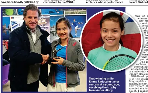  ??  ?? That winning smile: Emma Raducanu tastes success at a young age, receiving the trophy from Anders Borg