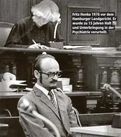  ??  ?? Fritz Honka 1976 vor dem Hamburger Landgerich­t. Er wurde zu 15 Jahren Haft und Unterbring­ung in der Psychiatri­e verurteilt.