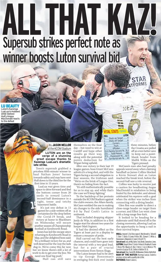  ??  ?? LU BEAUTY Luton’s Kazenga LuaLua is mobbed while (below) Hull’s Angus MacDonald reacts to the defeat