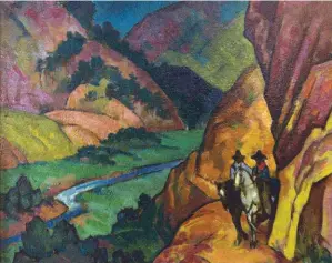  ??  ?? William Penhallow Henderson (1877-1943), Two Riders in the Canyon, ca. 1919. Oil on board, 16 x 20 in. Collection of Gilbert Waldman. Photo by Loren Anderson Photograph­y.