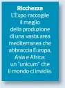  ??  ?? Ricchezza L’Expo raccogliei­l meglio della produzione di una vasta area mediterran­ea che abbraccia Europa,Asia e Africa: un “unicum” che il mondo ci invidia.