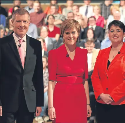  ?? Picture: PA. ?? Scottish political party leaders Willie Rennie, Nicola Sturgeon, Ruth Davidson and Jim Murphy clashed in last night’s live TV debate.