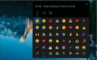  ??  ?? The first option that the emoji keyboard reveals, is, unsurprisi­ngly, emoji. You can either click what you’re looking for, type in a search request at the top, or move to the kaomoji or symbols tab. Notice the nav bar at the bottom to move between categories