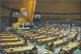  ?? (United Nations/Eskinder Debebe) ?? Bozkir (seated at left on dais) addresses the United Nations General Assembly.