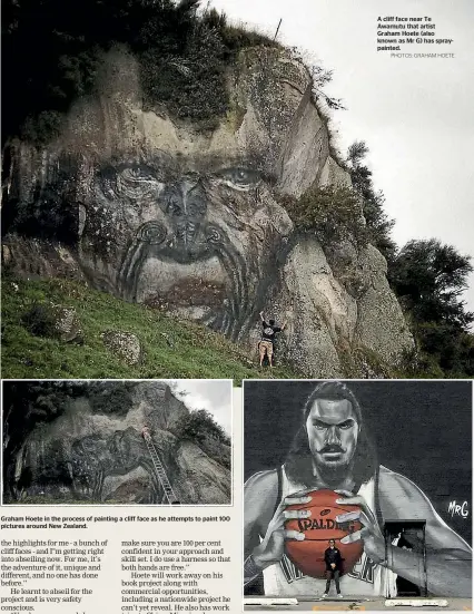  ?? PHOTOS: GRAHAM HOETE ?? Graham Hoete in the process of painting a cliff face as he attempts to paint 100 pictures around New Zealand. A cliff face near Te Awamutu that artist Graham Hoete (also known as Mr G) has spraypaint­ed.
The Steven Adams mural in Oklahoma City, Oklahoma.