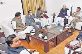  ?? ?? Opposition MPs hold a meeting to decide whether to attend or not a meeting called by the government on suspension of 12 Rajya Sabha lawmakers, in New Delhi on Monday.