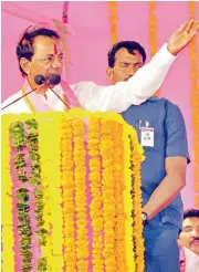  ??  ?? Chief Minister K. Chandrasek­har Rao addresses the crowd that turned up at a meeting in Karimnagar on Sunday
