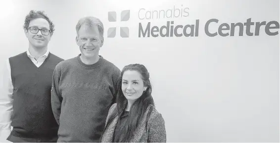  ?? ADRIAN LAM, TIMES COLONIST ?? Cannabis Medical Centre founders James Whitehead, left, medical director Neil Rockerbie and clinic manager Brittany Johnstone in the clinic.