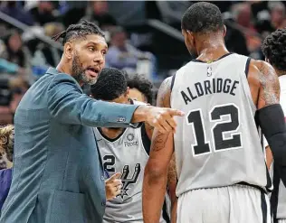  ?? Tom Reel / Staff photograph­er ?? To no one’s surprise, Tim Duncan is staying behind in San Antonio to work with rehabbing big man LaMarcus Aldridge rather than joining the Spurs in Orlando.