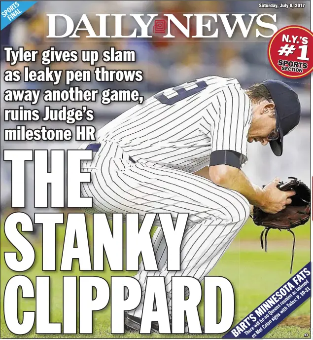  ?? AP ?? Tyler Clippard can’t watch Jesus Aguilar’s grand slam in 7th as fading Yanks fall, 9-4, on night Aaron Judge breaks Joe DiMaggio’s rookie HR record.