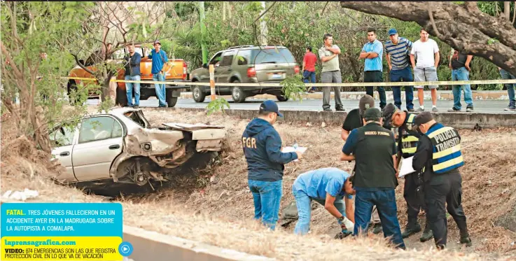  ??  ?? FATAL. TRES JÓVENES FALLECIERO­N EN UN ACCIDENTE AYER EN LA MADRUGADA SOBRE LA AUTOPISTA A COMALAPA.