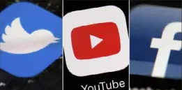  ?? Associated Press ?? Logos, from left, of Twitter, YouTube and Facebook.