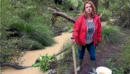  ?? PHOTO: LAINE MOGER/FAIRFAX NZ ?? Kauri Glen Bush Society treasurer Anne-Elise Smithson conducts water testing.