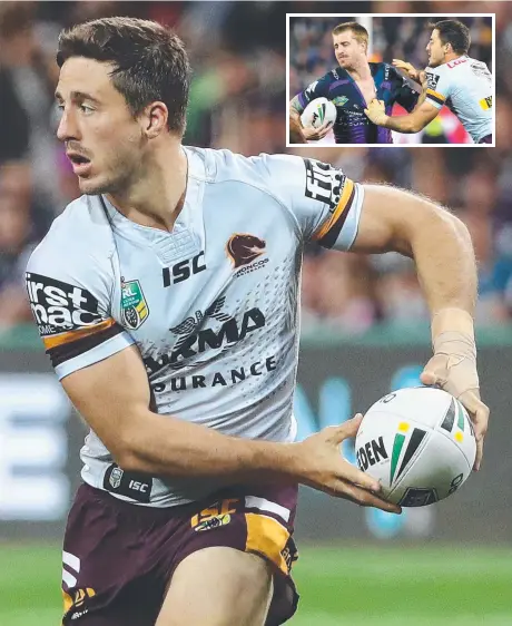  ?? Pictures: ROBERT CIANFLONE and JOE CASTRO ?? Brisbane’s Ben Hunt on the attack against Melbourne at AAMI Park in NRL preliminar­y final action on Friday night. off to St George Illawarra next year, does his best to tackle Storm five-eighth Cameron Munster Hunt, who is