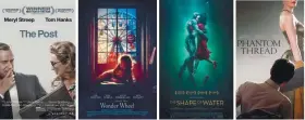  ??  ?? Stellar direction … (from far left) Spielberg’s Post; Allen’s Wonder Wheel; del Toro’s The Shape of Water; Anderson’s The Phantom Thread; and Gilliam (on right) with The Man Who Killed Don Quixote.