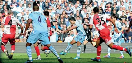  ??  ?? Aguero (#16) scored a 93rd minute winner against Queen’s Park Rangers in 2012 that gave Manchester City their first Permier League title in 44 years and started the clubs rise to the top of English football