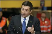  ?? JOHN MINCHILLO — THE ASSOCIATED PRESS ?? Transporta­tion Secretary Pete Buttigieg speaks at the constructi­on site of the Hudson Tunnel Project in New York on Tuesday.