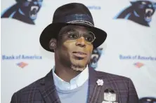  ?? AP PHOTO ?? ‘SORRY’: Carolina Panthers quarterbac­k Cam Newton, shown speaking at Gillette Stadium last week, apologized for a remark he made to a female reporter.