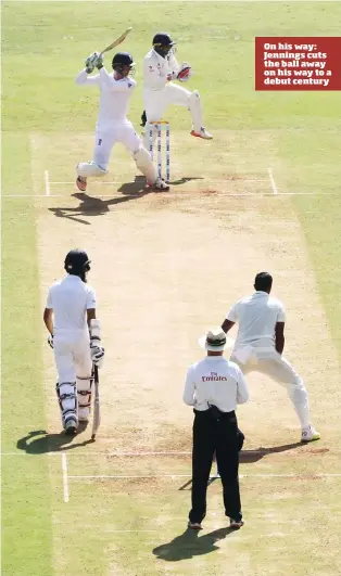  ??  ?? On his way: Jennings cuts the ball away on his way to a debut century