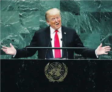  ?? RICHARD DREW / THE ASSOCIATED PRESS ?? U.S. President Donald Trump addresses the 73rd session of the United Nations General Assembly Tuesday in New York.