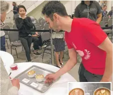  ?? | MITCH DUDEK/ SUN- TIMES ?? Matthew Bolchi places his latte design ( inset, right), which competed against Daisuke Tanaka’swork, before judges on Sunday at Navy Pier.