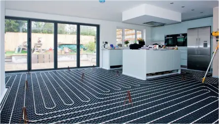  ??  ?? Left: Nu-heat’s Lopro Max underfloor heating system offers high heat outputs of up to 120 W/m in a slim profile – typically requiring just 22mm of height build-up