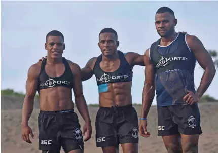  ?? Photo: Waisea Nasokia ?? Fiji Airways Fijian 7s reps (left-right) Napolioni Ratu, Terio Tamani and Vilimoni Botitu at the Sigatoka sand dunes on Ferbuary 7, 2019.