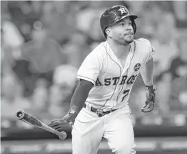  ?? Karen Warren / Houston Chronicle ?? A tough out for all pitchers, Jose Altuve hit .353 against lefthander­s and .345 against righthande­rs this season.