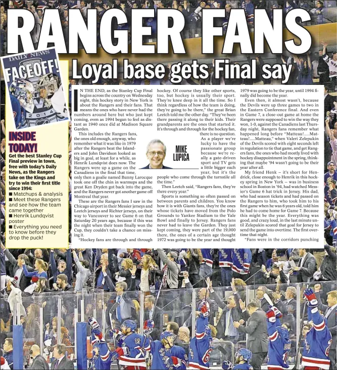  ??  ?? Rangers players salute their fans during Game 3 of Eastern Conference final against the Canadiens at the Garden, where loyal Blueshirt supporters will get to watch their