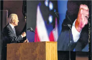  ?? REUTERS ?? U.S. President-elect Joe Biden makes a fist as he speaks during his victory rally in Wilmington, Del. after news media announced he won the 2020 U.S. presidenti­al election Saturday.