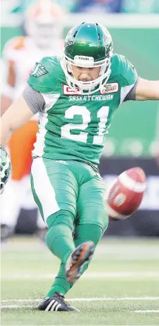  ?? TROY FLEECE ?? Riders kicker Tyler Crapigna is enjoying a banner year, hitting 25 of 29 field-goal attempts — an 86.2-per-cent accuracy rate.