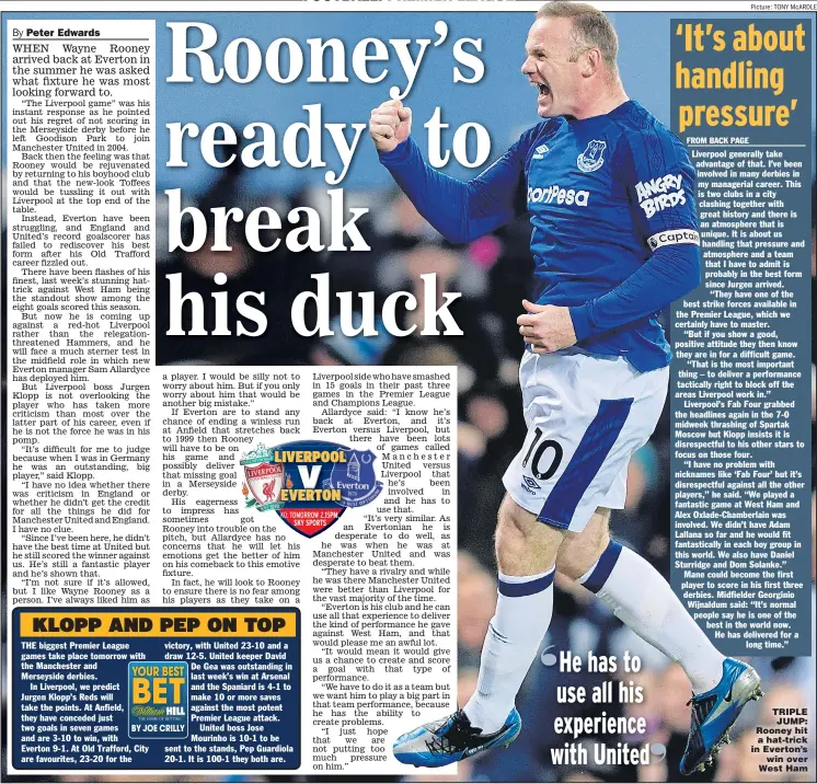  ?? Picture: TONY McARDLE ?? TRIPLE JUMP: Rooney hit a hat-trick in Everton’s win over West Ham