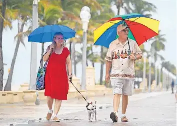  ?? PHOTOS BY SUSAN STOCKER/SOUTH FLORIDA SUN SENTINEL ?? Carmen and Don DePalma and their dog, Dee, walk in the rain along the Hollywood Beach Broadwalk on Thursday.