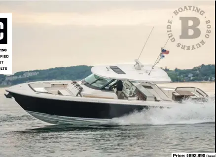  ??  ?? SPECS: LOA: 43'6" BEAM: 13'0" DRAFT (MAX): 3'7" DRY WEIGHT: 21,800 lb. SEAT/WEIGHT CAPACITY: Yacht Certified FUEL CAPACITY: 400 gal.
HOW WE TESTED: ENGINE: Triple 425 hp Yamaha XTO DRIVE/PROP: Outboard/163/4" x 19" 3-blade XTO stainless steel GEAR RATIO: 1.79:1 FUEL LOAD: 350 gal. CREW WEIGHT: 660 lb. Price: $892,890 (base)