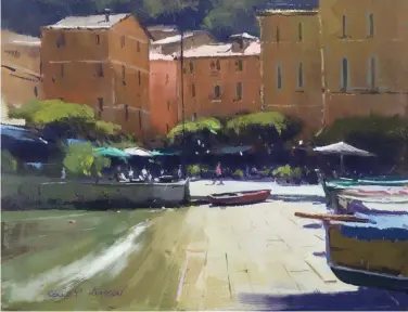  ??  ?? Portofino Morning, Italy, oil, 10 x 12" (25 x 30 cm) This scene is mostly in a horizontal and vertical plane. I felt that it was important to reduce brush marks and visual interest to the wall of the mid-distance building, this was to ensure that this shape will recede.