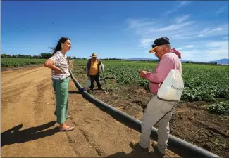  ?? PHOTOS BY RAY CHAVEZ — STAFF PHOTOGRAPH­ER ?? Marivel Mendoza, left, co-founder and president of the nonprofit Hijas del Campo, talks to farmworker­s Armando Carrasco, center, and Ricardo Castro after delivering supplies at a green-bean field in Brentwood.