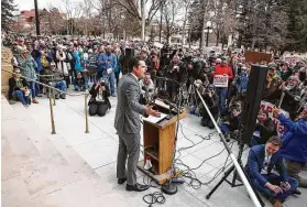  ?? Michael Ciaglo / Getty Images ?? Rep. Matt Gaetz, R-Fla., speaks at a rally against Rep. Liz Cheney, R-Wyo., in Cheyenne on Thursday. Cheney had voted for Donald Trump’s impeachmen­t.