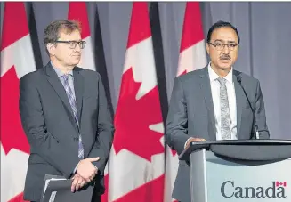  ?? CP PHOTO ?? Canadian Natural Resources Minister Amarjeet Sohi, right, accompanie­d by Fisheries Minister Jonathan Wilkinson, fields questions about the government’s plans regarding the Trans Mountain Pipeline Project, as the G7 environmen­t, oceans and energy ministers meet in Halifax on Friday.