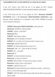  ??  ?? Antes del ataque. El diálogo reproducid­o en este folio del informe de los Mossos correspond­e a una conversaci­ón mantenida un par de horas antes del ataque de la Rambla por dos terrorista­s que morirían en Cambrils abatidos por la policía catalana