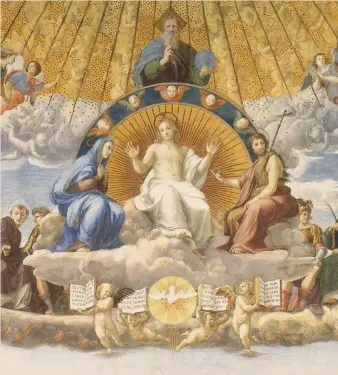  ?? ?? Raffaello Sanzio. «Disputa del Sacramento» (particolar­e), 1509, Roma, Palazzo Apostolico, Stanza della Segnatura