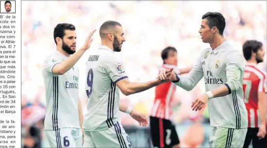  ??  ?? UNO LO DA Y EL OTRO DEFINE. Benzema le agradece a Cristiano el pase que le dio para el 0-1 en San Mamés, el pasado sábado.