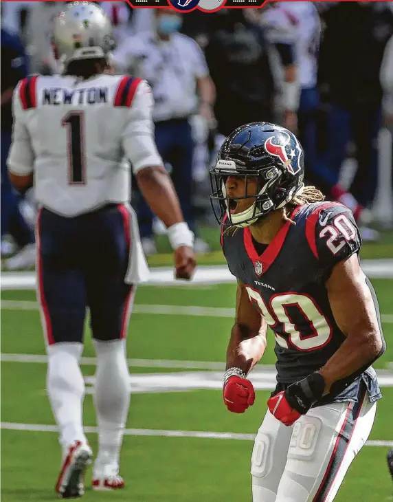  ?? Jon Shapley / Staff photograph­er ?? Strong safety Justin Reid and the Texans’ defense had plenty of reasons to celebrate stopping Cam Newton and the Patriots on Sunday at NRG Stadium.