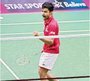  ?? PIC/PTI ?? Sameer Verma of Hyderabad Hunters reacts after getting a point against Siril Verma of Delhi Acers in New Delhi on Thursday