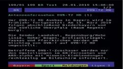  ??  ?? Die Teletextse­ite 199 des Bayerische­n Fernsehens informiert über die Einführung von DVB-T2 in Niederbaye­rn und der Oberpfalz