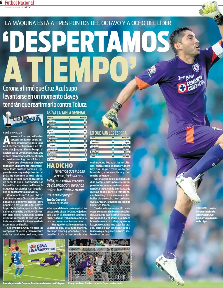  ??  ?? TRIUNFAL. Jesús Corona celebra la victoria de Cruz Azul ante Jaguares en la Liga.
Las atajadas de Corona, fundamenta­les ante Chiapas.
Chuy también fue factor en la Copa contra León.