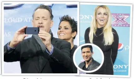  ??  ?? Tom Hanks and Halle Berry prepare their own photo on the red
carpet for the German premiere of Cloud Atlas in Berlin. Host Mario Lopez and judge Britney Spears pose at the party for the finalists of The X Factor in Los Angeles, Calif., this week.