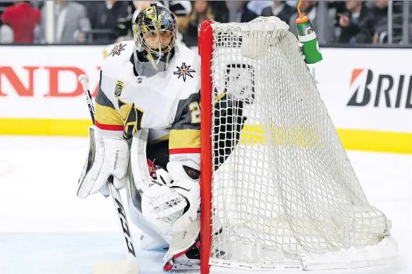  ?? HARRY HOW/GETTY IMAGES ?? Vegas Golden Knights goalie Marc-Andre Fleury stopped 127 of 130 shots in the first round against the Los Angeles Kings, recording a .977 save percentage.