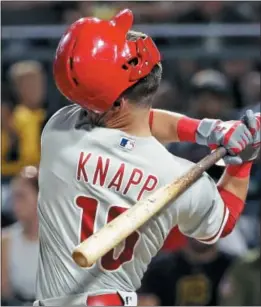  ?? GENE J. PUSKAR — THE ASSOCIATED PRESS ?? The Phillies’ Andrew Knapp swings out of his helmet during an at-bat in the sixth inning Friday against the Pirates in Pittsburgh.